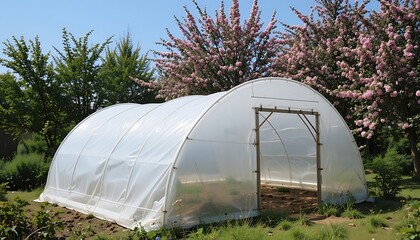 A small white plastic greenhouse in a garden amongst flowering trees
