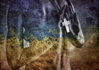 Praying hands holding cross, Ukraine's hopeful plea, faith, peace.