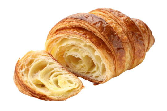 Buttery croissant cut in half revealing flaky laminated layers of golden pastry dough, isolated on a transparent background