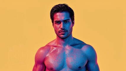 Fototapeta premium Whole body deodorant. Muscular shirtless man with blue and red lightin