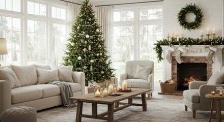 Cozy Christmas living room with tree, fireplace, and natural light