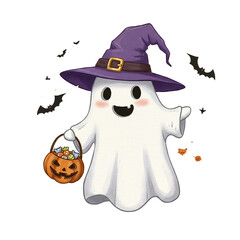 Cute ghost wearing a witch hat holding a pumpkin basket full of candies for Halloween celebrations, a spooky and fun illustration for seasonal design