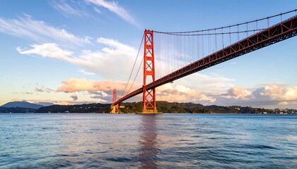 Obraz premium Iconic bridge spanning a tranquil bay at sunset