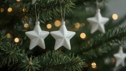 Close up of white star holiday ornaments on lush green fir branch with soft lighting