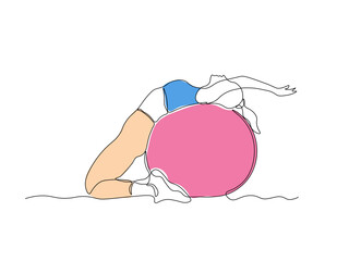 A girl does exercises, gymnastics, Pilates, aerobics lying with her back on a gym ball. continuous single one line art hand drawing sketch logo