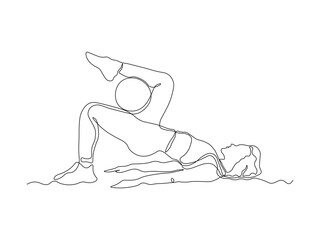A girl does exercises, gymnastics, Pilates, aerobics lying with gym ball. continuous single one line art hand drawing sketch logo