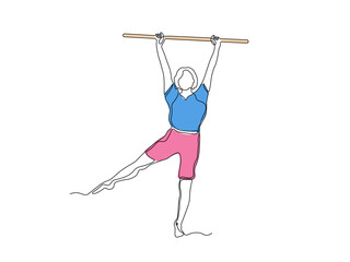 A girl does exercises, gymnastics, Pilates, aerobics lying with gym stick. continuous single one line art hand drawing sketch logo