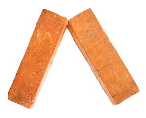 Side view of two cracked old red or orange bricks in stack isolated with clipping path in png file...