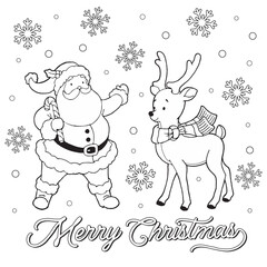 Cute Coloring Christmas Characters, santa claus and Reindeer with Merry Christmas, DIY coloring. Christmas Black and White- Christmas coloring vector for Kids