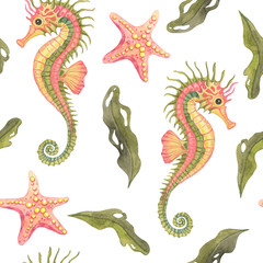 Fototapeta premium Bright coral sea stars, ribboning olive algae, and yellow-green seahorses fill this seamless watercolor clipart. Perfect for fabric, summer tablecloths, or notebook and planner covers