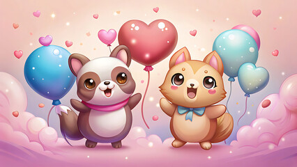 Obraz premium Cute Kawaii Style Animals Holding Heart Shaped Balloons With Smiles