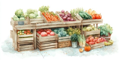 Watercolor fruit and vegetable stall