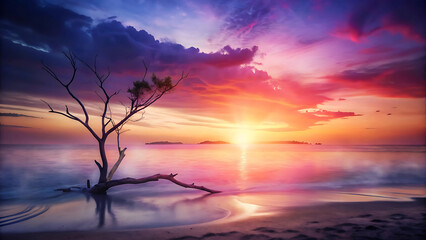 Obraz premium Dreamy Beach Sunset In Duotone With Faint Tree Branch Shadows