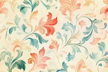 Delicate floral pattern, pale cream background,  stylized leaves and blossoms in soft peach, coral, and teal tones
