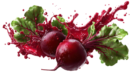 Two halves of a fresh beet with red juice splash isolated on white background