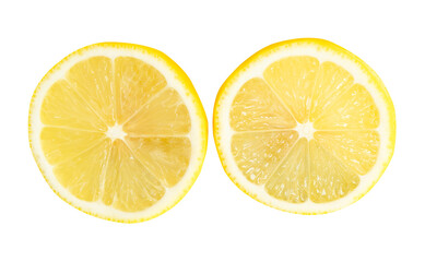 Top view set of ripe yellow lemon fruit or slices in two circles isolated on white background with clipping path