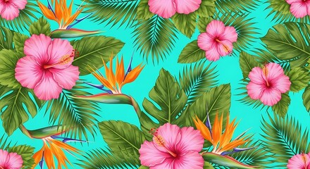 Naklejka premium Vibrant tropical floral pattern with pink hibiscus and bird of paradise flowers