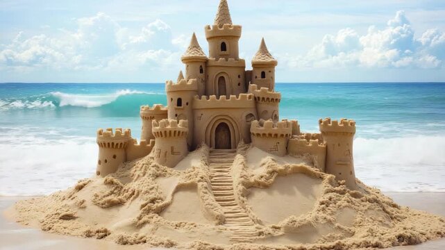 Large detailed sandcastle on beach with ocean backdrop