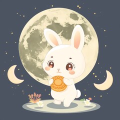 cute bunny holding mooncake under full moon, Mid-Autumn Festival, pastel 4-color cartoon.