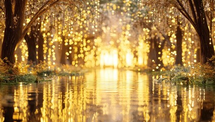 Golden, mystical forest path reflects shimmering lights