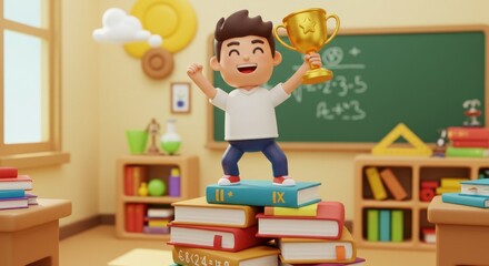 A smiling child atop books in a classroom, holding a trophy triumphantly, with a blackboard and colorful objects in the background