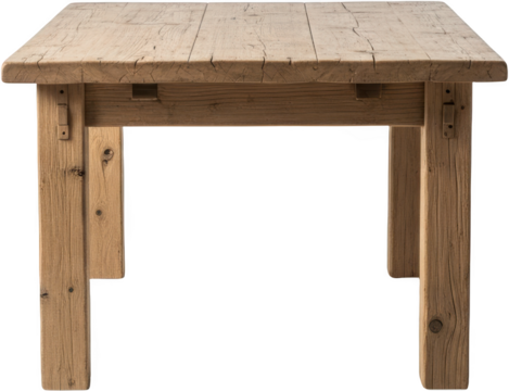 A rustic wooden table with visible wood grain and texture standing on solid legs transparent background
