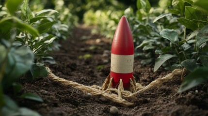 Red Rocket Toy Ready for Launch in Earth, Roots as Launchpad, growth, imagination