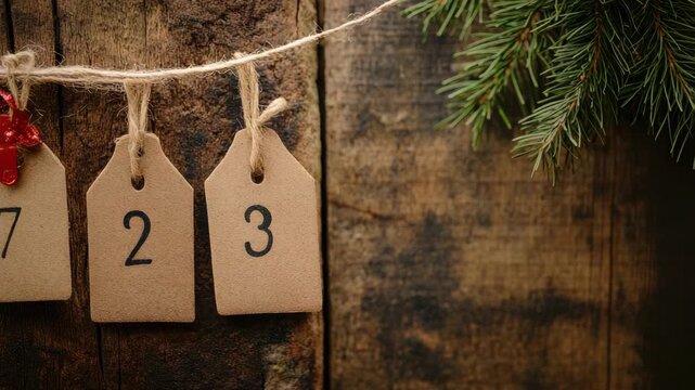 Brown tags with numbers hanging on twine, rustic background
