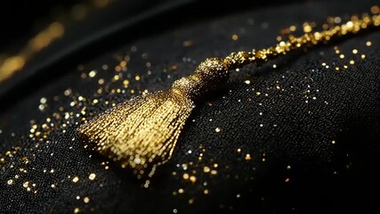 Gold tassel on black textured fabric with glitter