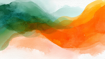 Tiranga flag in watercolor style, abstract tricolor wave flowing from left to right, Ashoka Chakra in center