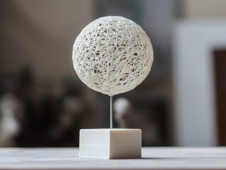 White 3D Printed Sphere on Stand, Minimalist Decor, Geometric Art, 3D Printing , Sculpture