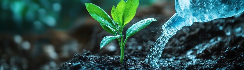 Watering Sprout Plant Growing in Soil with Bottle Pouring, Growth, Agriculture