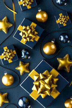 3D Christmas flat lay with boxes and ornaments
