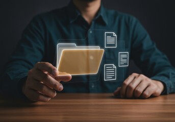 Man holding digital folder with document icons, data management concept