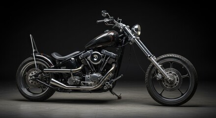 Custom black motorcycle featuring extended front forks