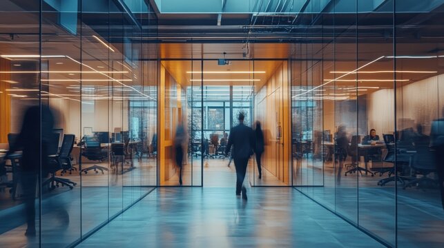 Group of Business people walking in the office corridor in night,People in business center walking at hall,motion go around at coworking space,Wide image,Concept of office life,co working space.