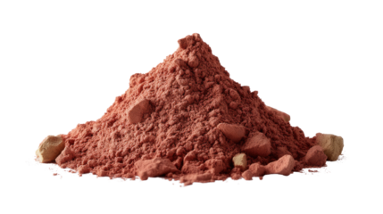Pile of Red Ochre: A close-up view captures a vibrant heap of red ochre, exhibiting its earthy texture and color. The rough pile is filled with rocks, hinting at the process of its creation.