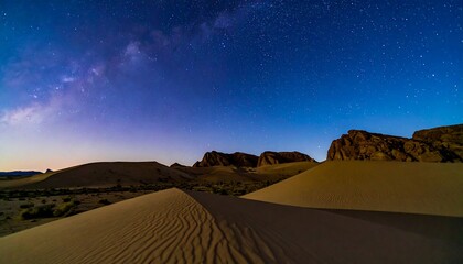 Desert dunes under a night sky filled with stars and the Milky Way