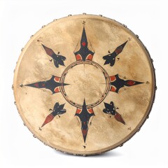 Naklejka premium Detailed Traditional Circular Hand Drum with Intricate Star Pattern on Beige Leather Surface