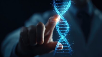 A hand interacts with a DNA helix