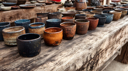 Rustic Wooden Table Displaying an Array of Brown and Black Pottery Cups