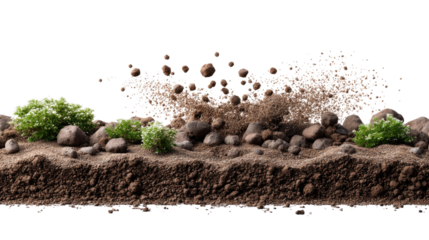 Soil Bursting with Life: A cross-section showcases fertile soil, a flurry of particles erupting in a burst of raw energy, embodying the vigor of life and the essence of a thriving environment.