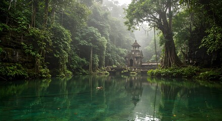 Mystical ancient temple sanctuary hidden in a lush tropical rainforest by a tranquil emerald lake. A serene natural collection.