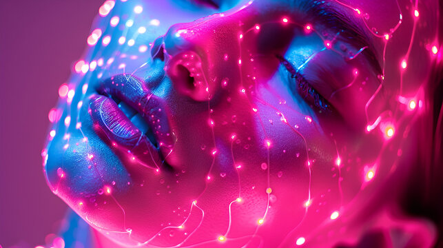 A woman's face illuminated with pink and blue lights, creating a vibrant and ethereal atmosphere around her .