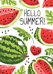 Hello Summer Greeting Card with Watermelon Slices in Flat Design. Banner for Seasonal Wishes, Social Media, Email Campaigns. Poster Template for Summer Promotions and Print or Digital Use