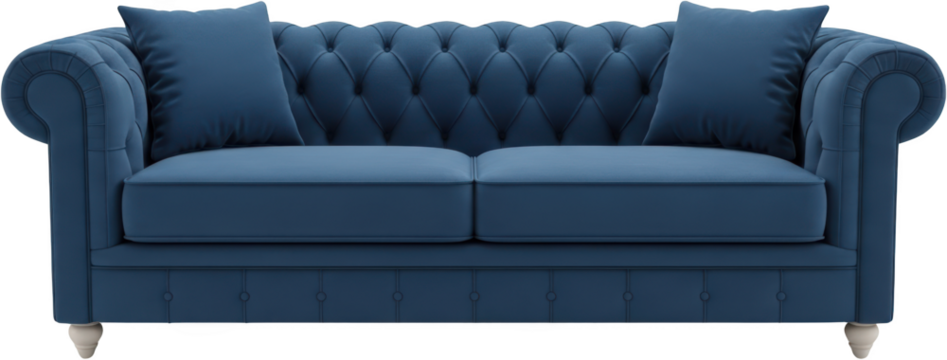 A luxurious blue velvet Chesterfield sofa with tufted back and two throw pillows transparent background