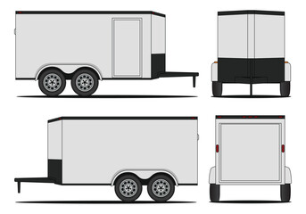 Food truck vector. Illustrations showcasing a white enclosed cargo trailer from different perspectives, including side, front, and rear views