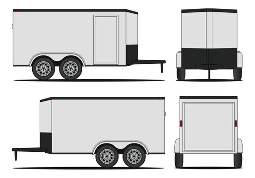 Food truck vector. Illustrations showcasing a white enclosed cargo trailer from different perspectives, including side, front, and rear views