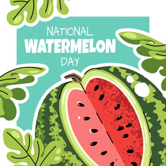 Square Watermelon Day Banner Template. Cute Fruit Illustration in flat design. Perfect for Summer Festivals, Fruit Shop Promotions, Social Media, Food-Themed Greetings. Vibrant Color, Minimalist Style