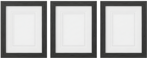 Three grey wooden picture frames with white mats side by side isolate wooden frame